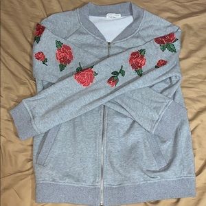 Gray bomber sweatshirt with rose embroidery